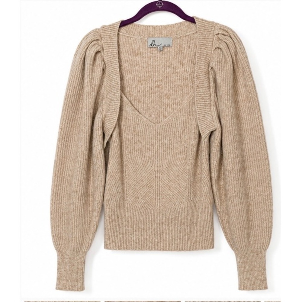 DH New York Tan Ribbed Puff Sleeve Sweetheart Neck Merino Cashmere Sweater M